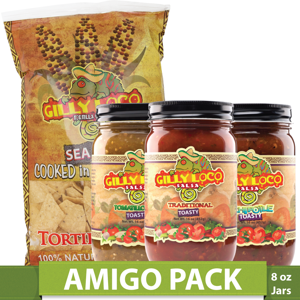 Another angle of Photo displaying a vibrant arrangement of Gilly Loco products, featuring a bag of crispy tortilla chips alongside three jars of salsa—Traditional, Tomatillo, and Chipotle. Each jar is clearly labeled, showcasing the distinct color and texture of the salsas, set against a neutral background to emphasize the fresh, bold flavors.