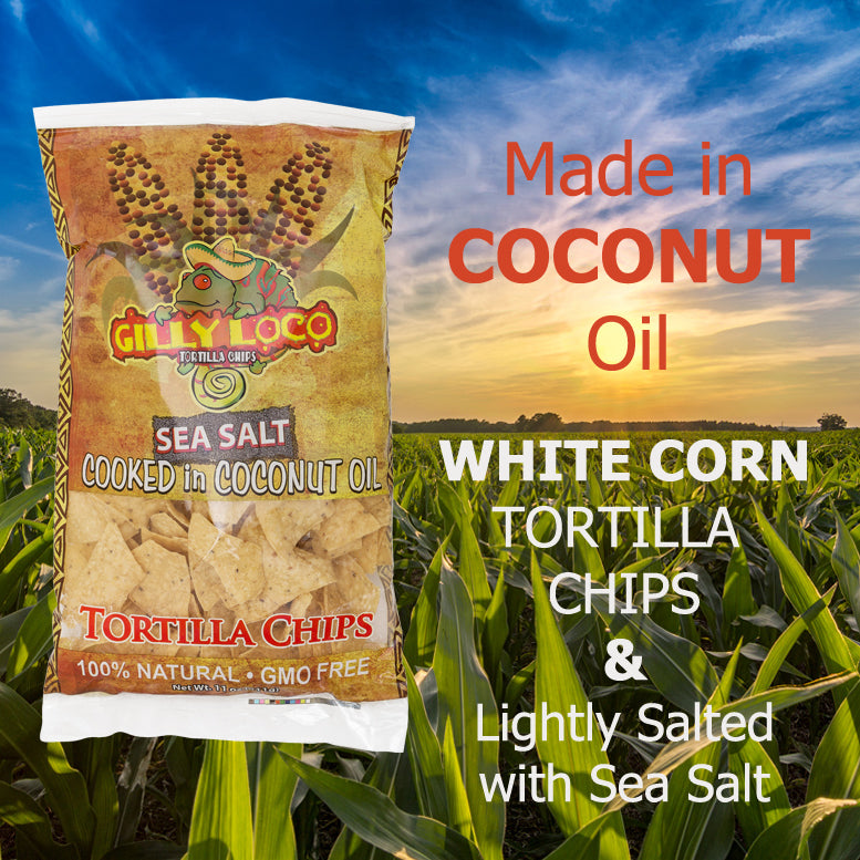 white corn Healthy and crunchy Gilly Loco tortilla chips cooked in coconut oil, made with 5 natural ingredients, perfect for guilt-free snacking