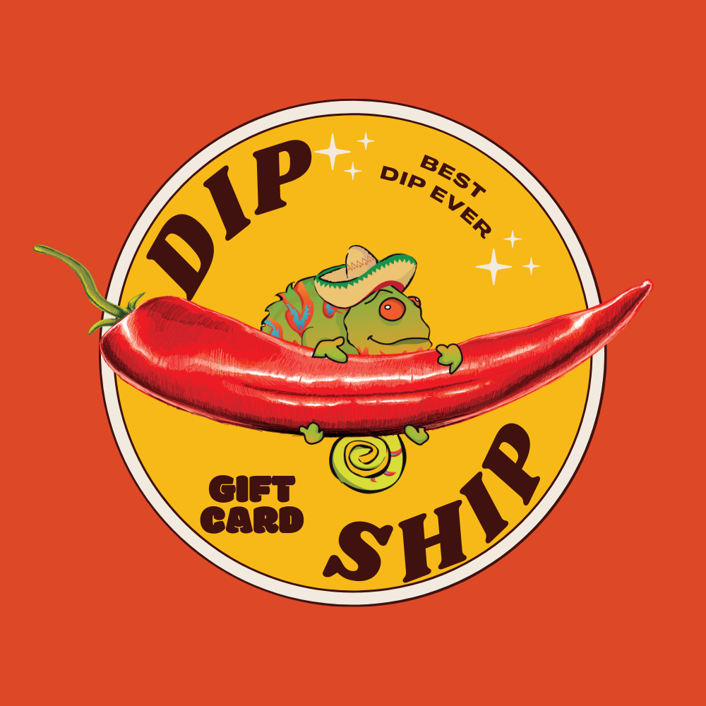 Image of the Gilly Loco Dip Ship Gift Card featuring vibrant graphics with a maritime theme. The card displays colorful illustrations of salsa jars and tortilla chips, symbolizing the variety of flavors available. Text on the card highlights the convenience and excitement of having delicious salsas delivered directly to your door.