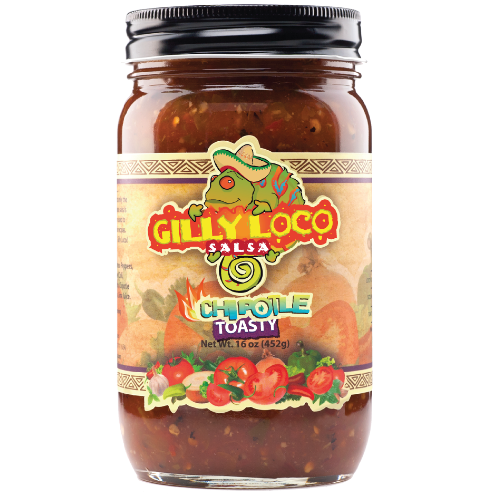 Photo of a Gilly Loco Chipotle Salsa jar against a clean white background, emphasizing the vibrant red salsa visible through the clear glass. The label prominently displays the product name and features a fiery chipotle pepper graphic, highlighting the salsa's smoky and spicy flavor profile.