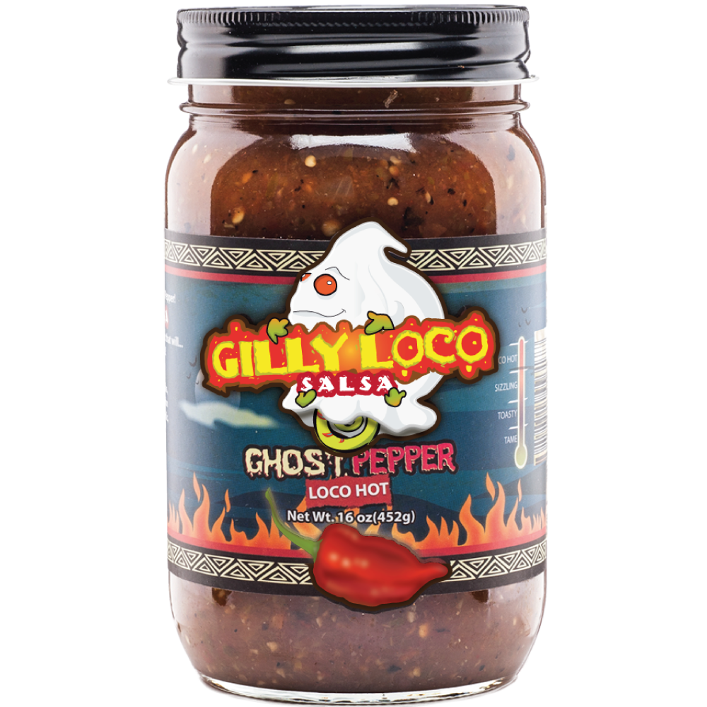 Close-up photo of a Gilly Loco Ghost Pepper Salsa jar against a simple background. The jar’s label displays the 'Loco Hot' designation and features a fiery pepper graphic, highlighting the extreme spiciness of the contents. The salsa’s rich, red color is visible through the clear glass, indicating its bold and intense flavor.