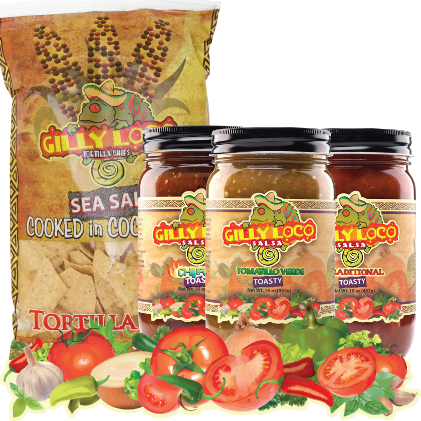 Photo displaying a vibrant arrangement of Gilly Loco products, featuring a bag of crispy tortilla chips alongside three jars of salsa—Traditional, Tomatillo, and Chipotle. Each jar is clearly labeled, showcasing the distinct color and texture of the salsas, set against a neutral background to emphasize the fresh, bold flavors.