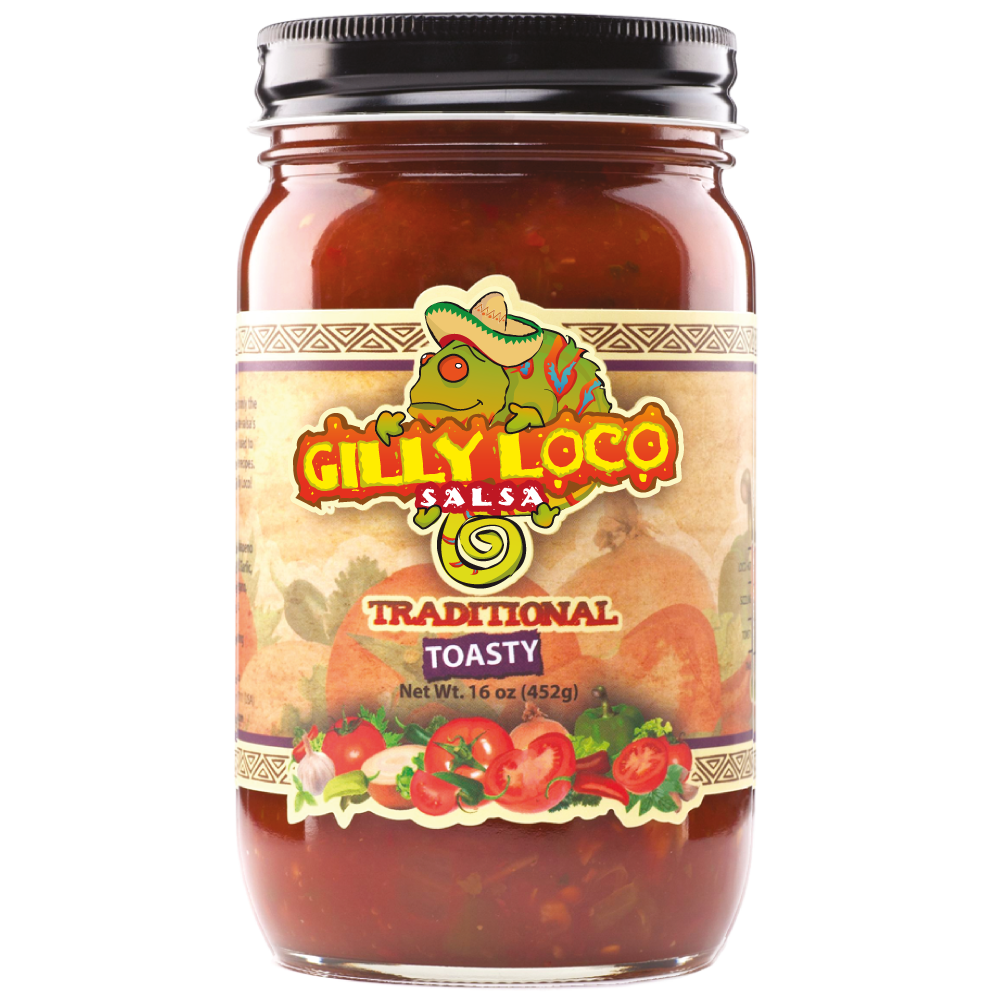 Image of a jar of Gilly Loco Traditional Salsa, showcasing its rich, vibrant color made from fresh tomatoes, onions, and peppers. The label highlights the authentic, zesty flavor of New Mexico, perfect for dipping, topping, or cooking.