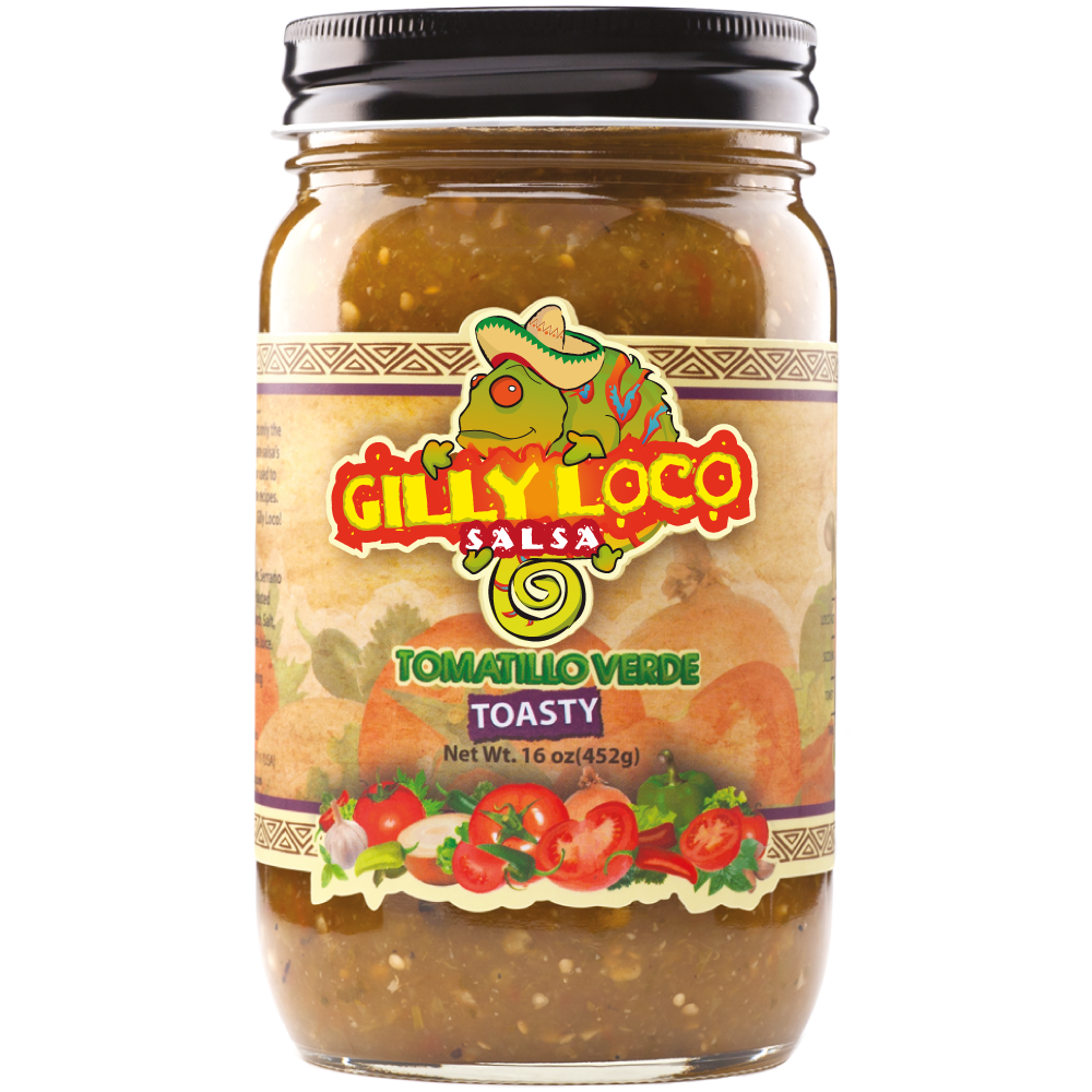 Image of a jar of Gilly Loco Tomatillo Salsa, showcasing its vibrant green color and fresh ingredients. The jar highlights the authentic, zesty flavor of tomatillos, jalapeños, and serrano peppers, proudly made in New Mexico.