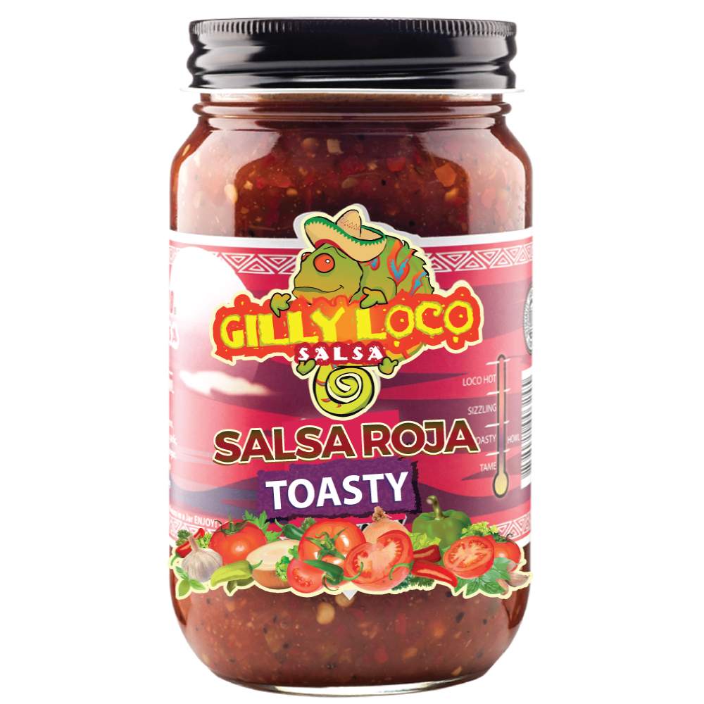 Image of Gilly Loco Salsa Roja, a handcrafted red chile salsa made with fresh ingredients from New Mexico. The jar showcases the vibrant, rich red color of the salsa, known for its mild, sweet flavor and perfect balance of heat.